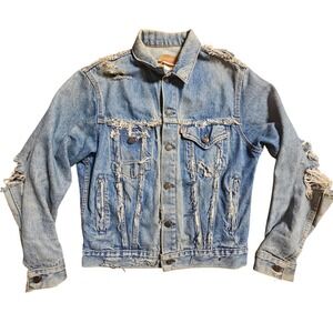 Vintage Levi's Distressed‎ Denim Trucker Jacket Custom SIS Crown Girls 18XL 80s